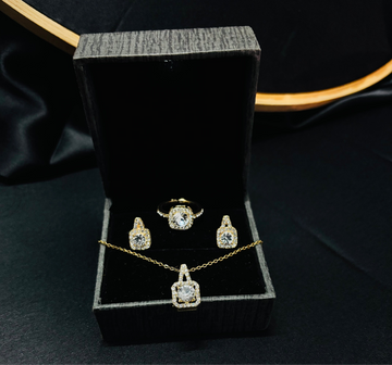 Gold plated Anti Tarnish Zircon Stone studded necklace set with stud earrings and finger ring