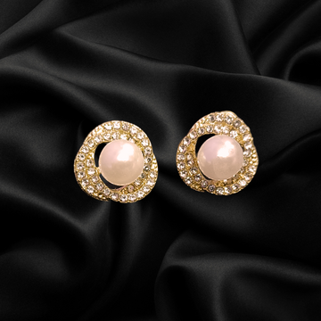 Korean Earrings - Round Shaped Gold Plated With Cubic Zirconia & Pearl Stud Earring For Women