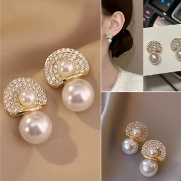 Korean Earrings - Pearl and Rhinestone Gold Plated Minimal Earrings for Women