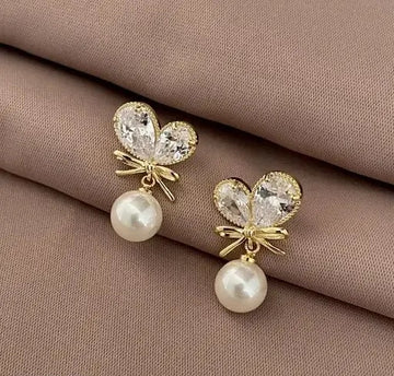 Crystal Bow and Pearl Drop Earrings