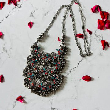 Antique Oxidised Multicolor Elephant Motif Layered Long Chain Necklace