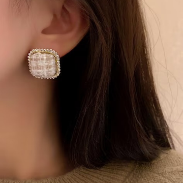 Textured Square Pearl Stud Earrings with Crystals