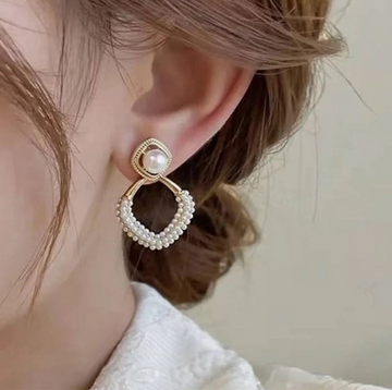 Korean Earrings - Pearl Stud and Rhombus Pearl drop hanging earrings