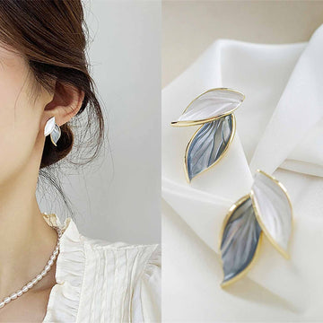 Korean Earrings - Double Leaf Enamel white and blue stud earrings