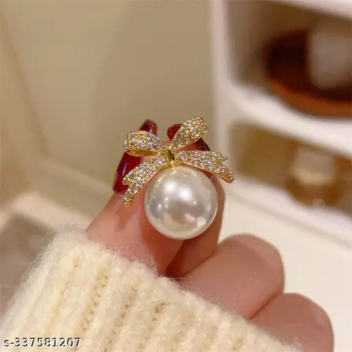 Korean Earrings - Rhinestone studded bow and Pearl gold stud earrings