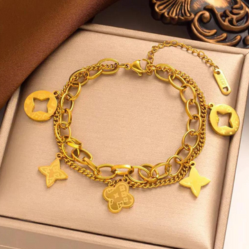 Premium Anti Tarnish Gold Plated Kiyu Ziyu Double Chain Bracelet - Diamond & Clover Shape Design