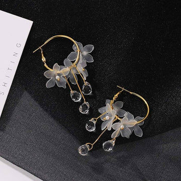 Korean Earrings - White Floral Hoop Crystal Hanging earrings for women