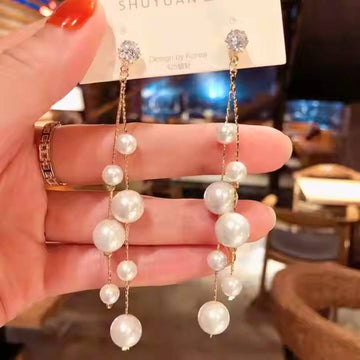 Elegant Long Pearl Chain Drop Earrings