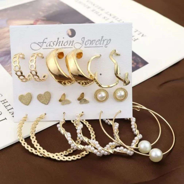 Korean Earrings - Stylish rosegold Hoops / Stud Combo Set of 9 pairs for women
