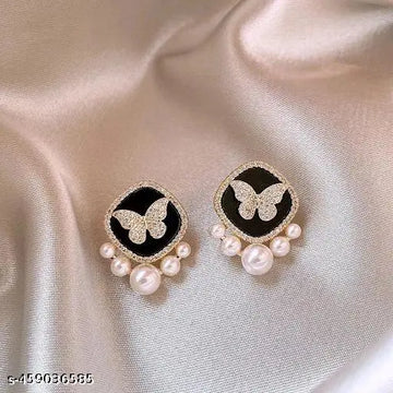 Korean Earrings - Black Enamel Butterfly design Pearl studded earrings for women