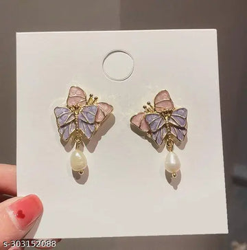 Korean Earrings - Enamel Duo Butterfly earrings for women