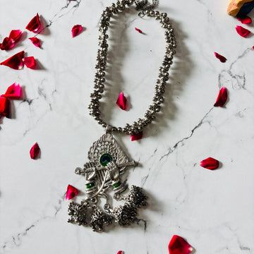 Oxidised Krishna Flute Motif Beaded Pendant Long Chain Necklace