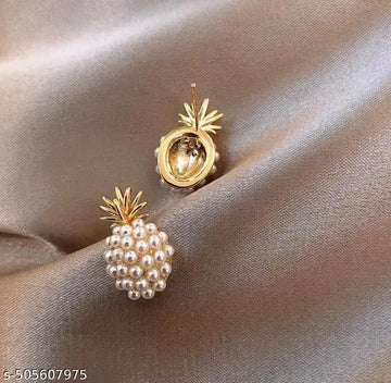 Korean Earrings - Golden Tropical pearl studded Pineapple Earrings
