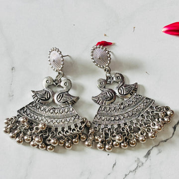 Oxidised Double Bird Motif Hanging Jhumka Earrings