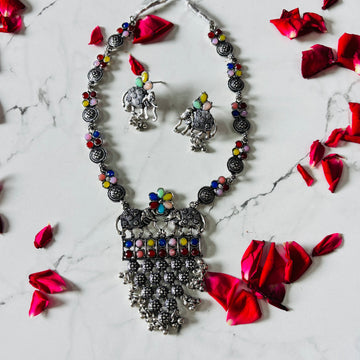 Oxidised Multicolor Elephant Pendant Long Necklace Earring Set