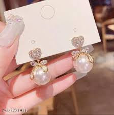 Korean Earrings - Gold Plated Heart Stud and Pearl Hanging earrings for women