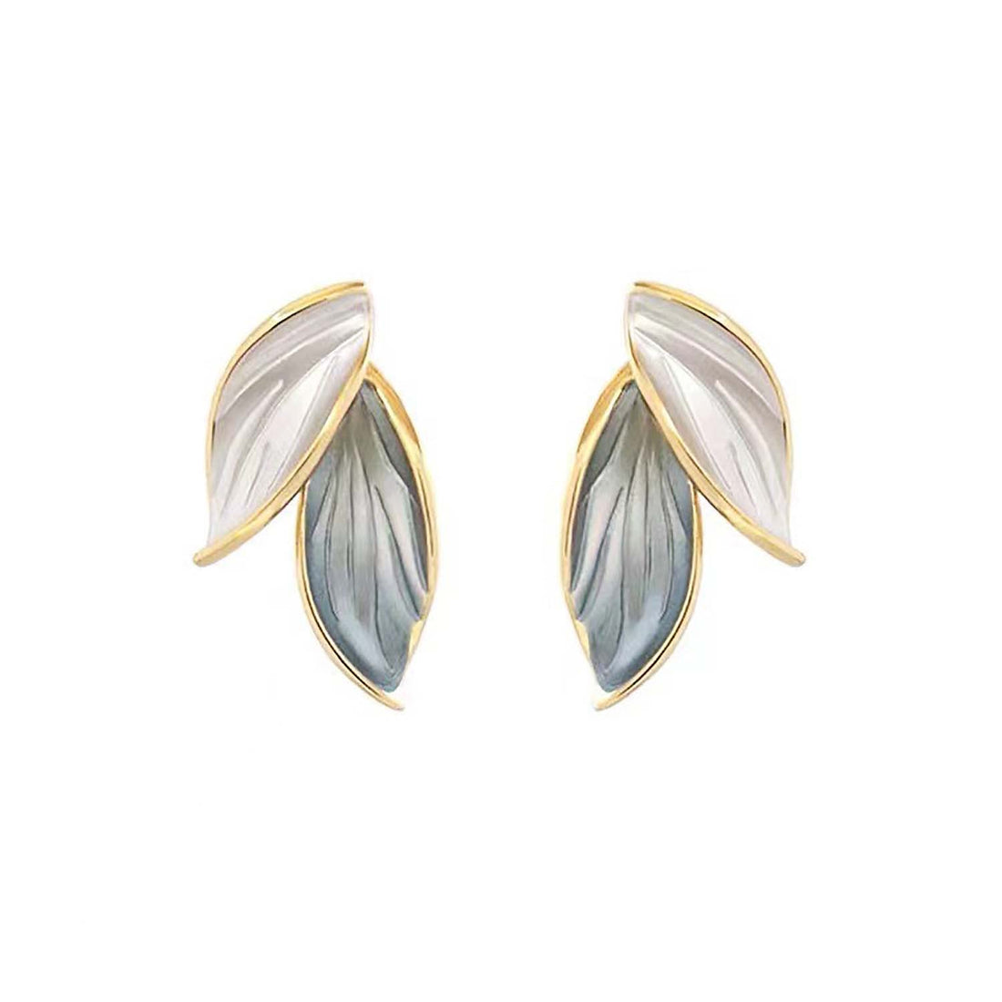 Korean Earrings - Double Leaf Enamel white and blue stud earrings