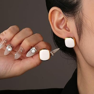 Korean Earrings - Golden Border classic white plated stud earrings for women