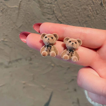 Cute Korean Teddy Bear Earrings - Brown