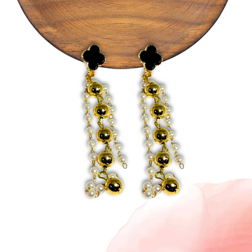 Elegant Black Clover Pearl Drop Earrings Anti Tarnish Stainless Steel