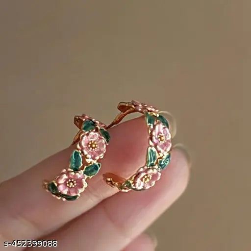 Korean Earrings - Shiny Pink and Green mini floral stylish hoops for women