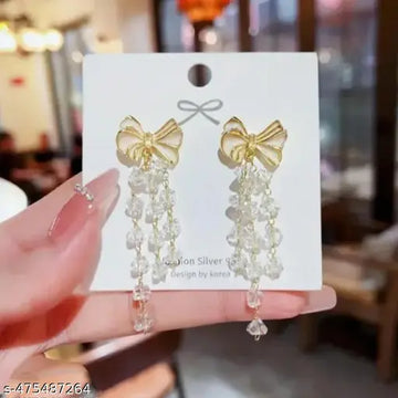 Korean Earrings - Bow Style Crystal Chain Hanging earrings for women