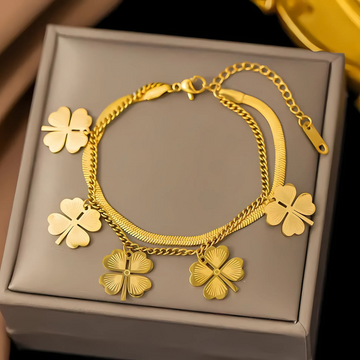 Premium Anti Tarnish Gold Plated Kiyu Ziyu Double Chain Bracelet - Clover Design