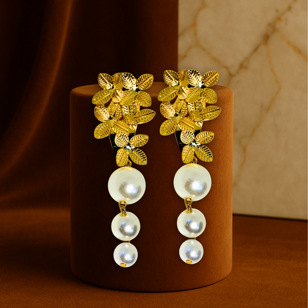 Glam Floral Pearl Drop Earrings Anti Tarnish Stainless Steel