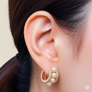 Korean Earrings - Stylish Geometric C-Shaped Golden Earrings With Pearl and Rhinestone for girls and women