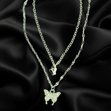 Double layered light weight diamond studded Butterfly Shape Micro Art Ultra Fine Chain for Girls & Women - Silver