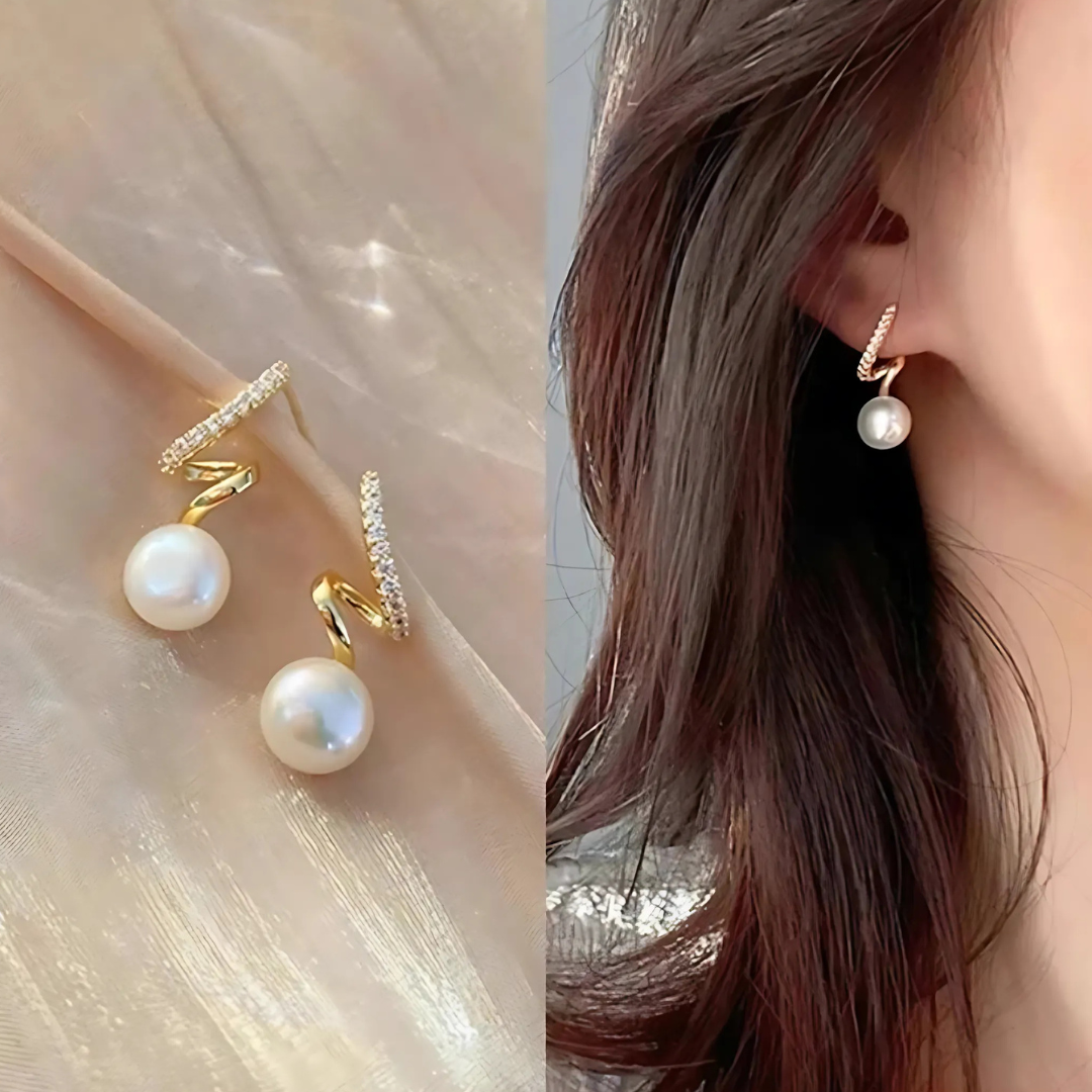 Korean Earrings - Spiral design rhinestone and pearl studded stylish earrings