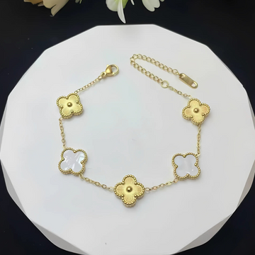 Premium Anti Tarnish Gold Plated Kiyu Ziyu Chain Bracelet - Alternate White Enamel & Gold - Clover Design