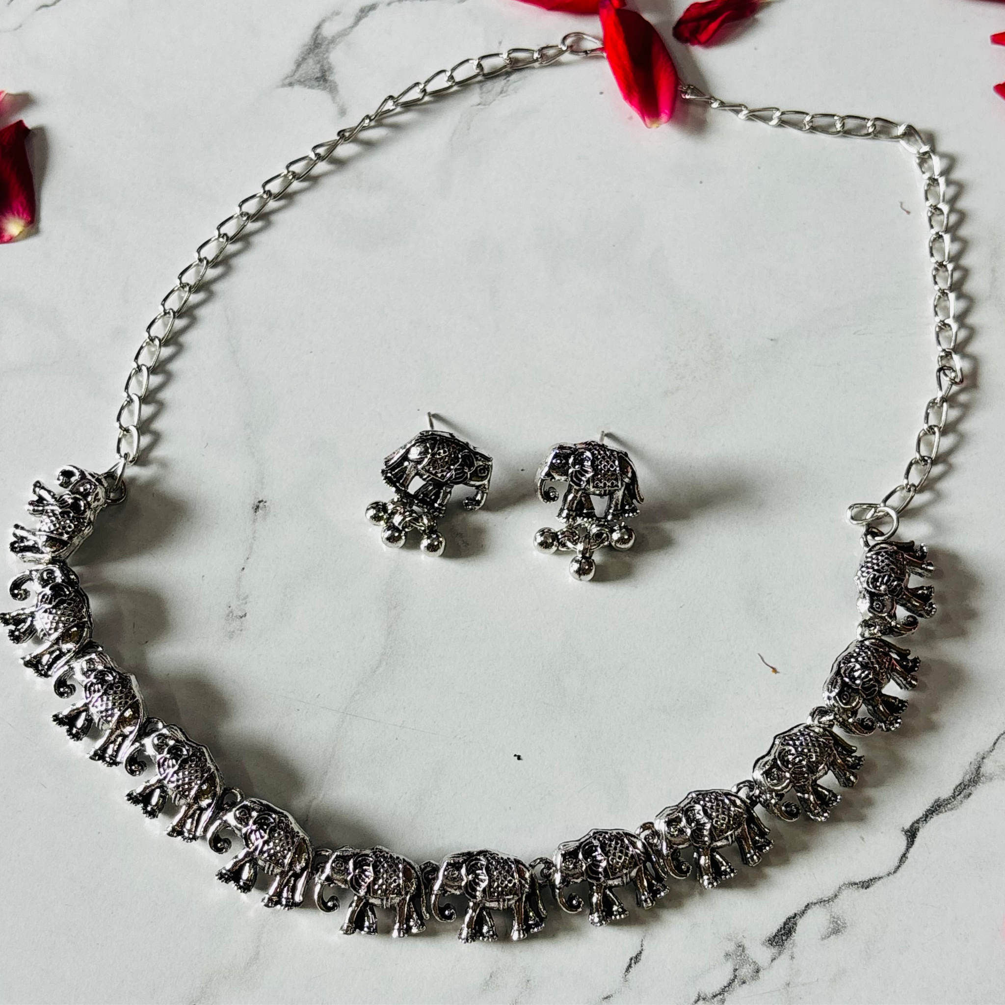 Traditional Oxidised Elephant Motif Necklace with Matching Earrings