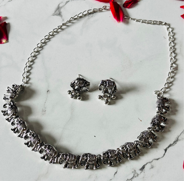 Traditional Oxidised Elephant Motif Necklace with Matching Earrings
