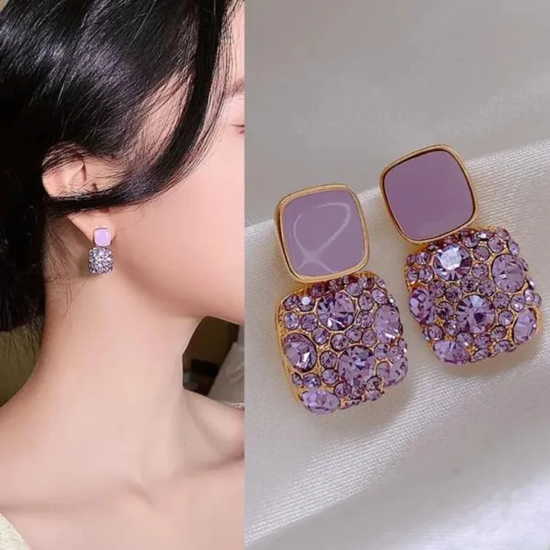 Korean Earrings - LuxuryPurple Square Crystal and Rhinestone Stud earrings for Women