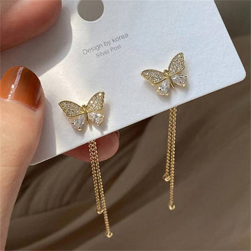 Gold Butterfly Drop Chain Stud Earrings