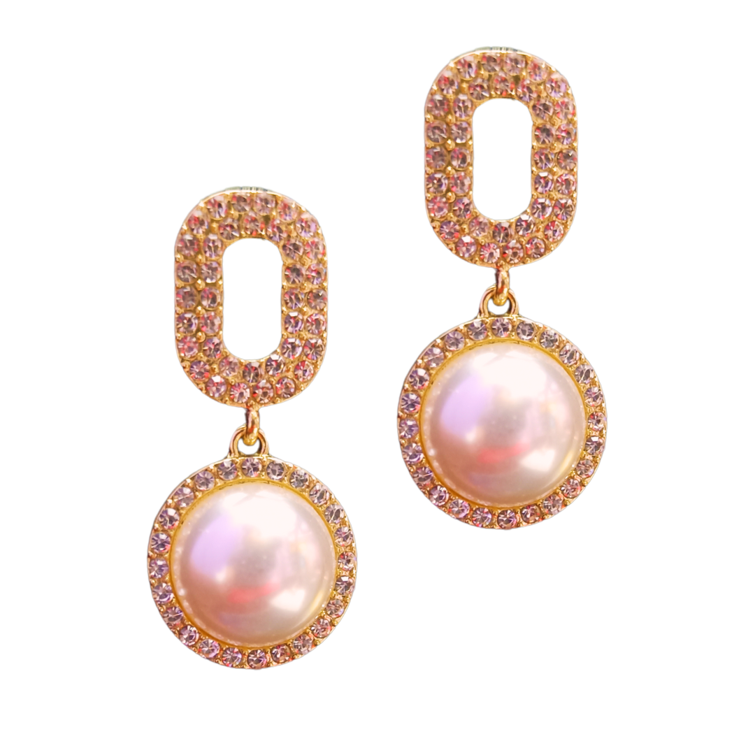 Korean Earrings - Gold plated stone studded dangler drop pearl earrings for women