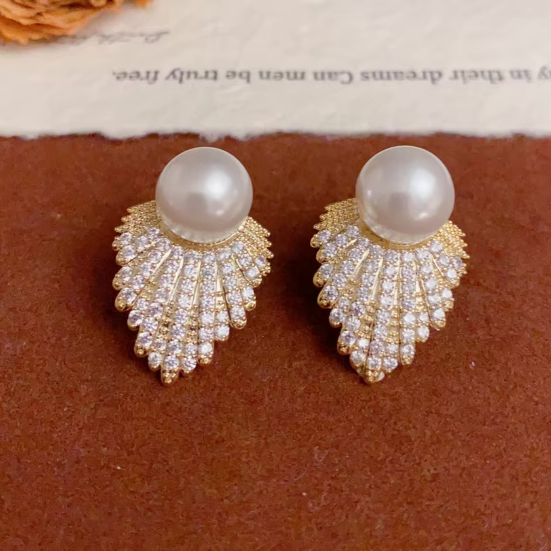 Pearl & Diamond Leaf Design Korean Earrings