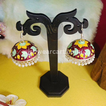 Meenakari floral design ethic jhumkis with pearl hangings