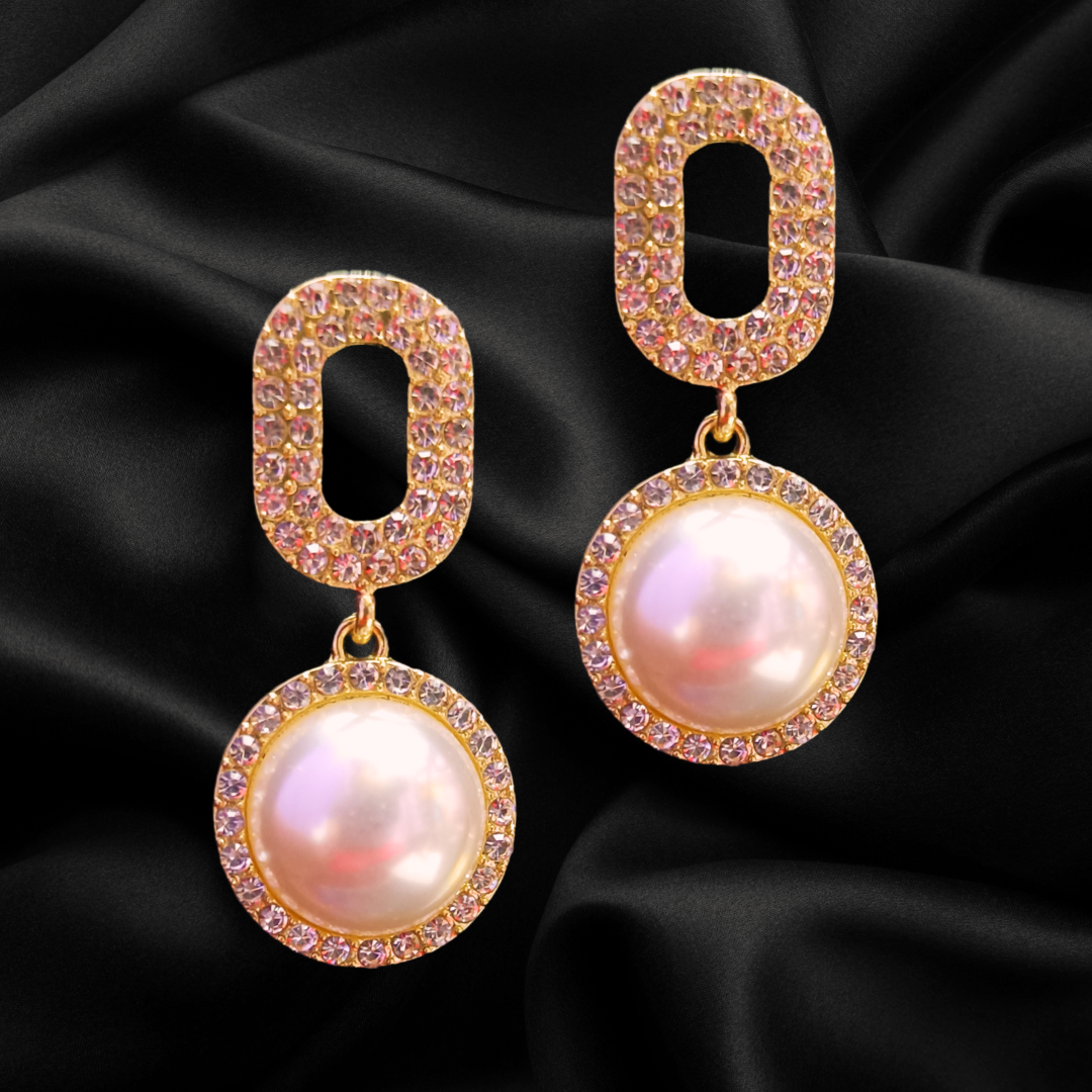 Korean Earrings - Gold plated stone studded dangler drop pearl earrings for women