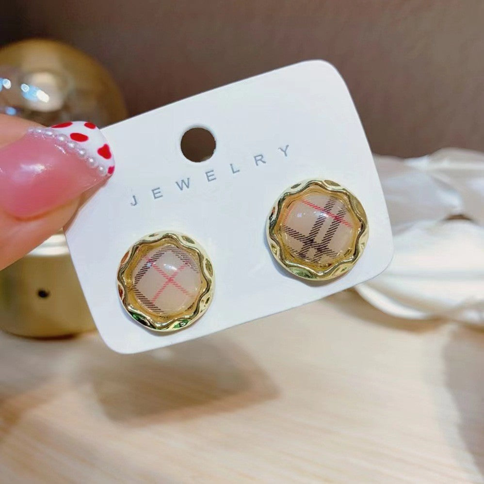 Vintage Plaid Button Stud Earrings