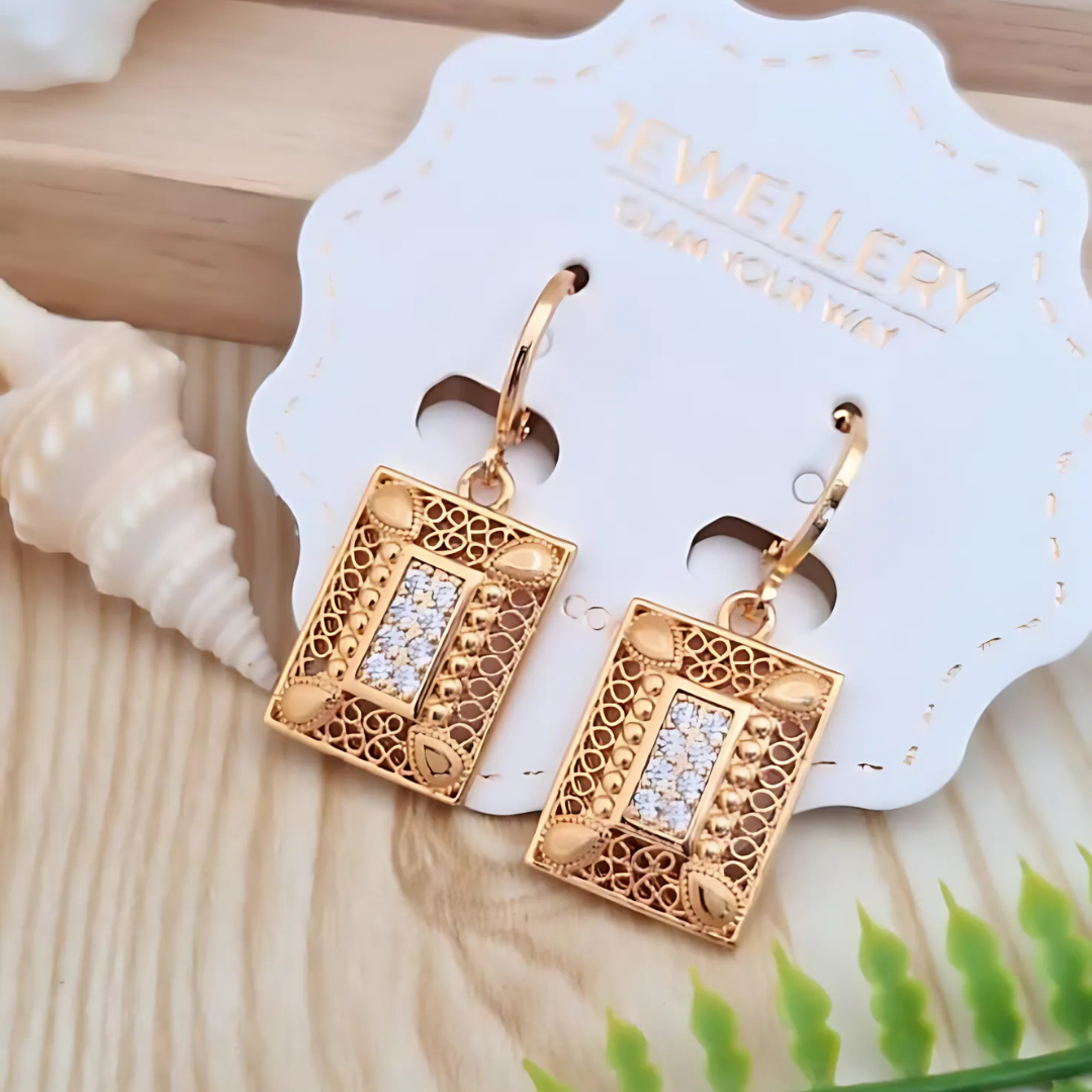 Premium Anti Tarnish Gold Plated Kiyu Ziyu Stone Studded Earrings - Long Rectangular Shape Design