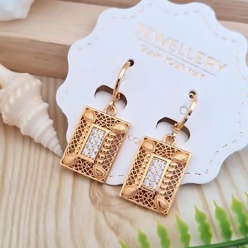Premium Anti Tarnish Gold Plated Kiyu Ziyu Stone Studded Earrings - Long Rectangular Shape Design