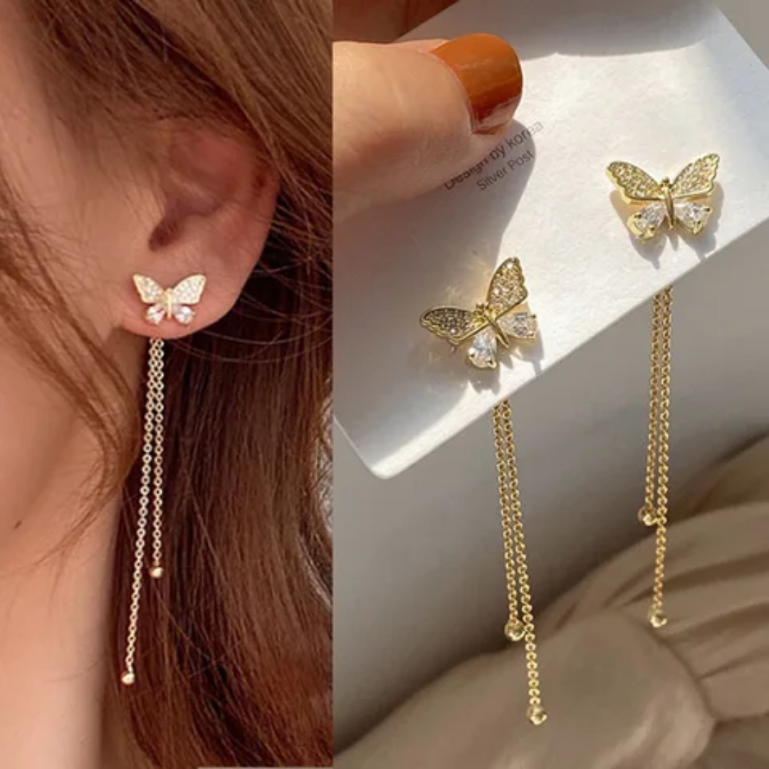 Korean Earrings - Delicate Gold Color Rhinestone Butterfly Zircon Tassel Earrings