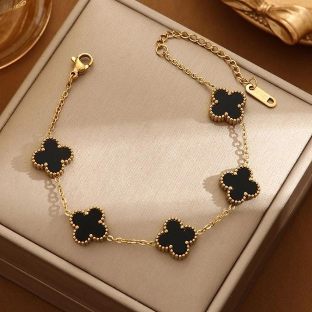 Premium Anti Tarnish Gold Plated Kiyu Ziyu Chain Bracelet - Black Enamel - Clover Design