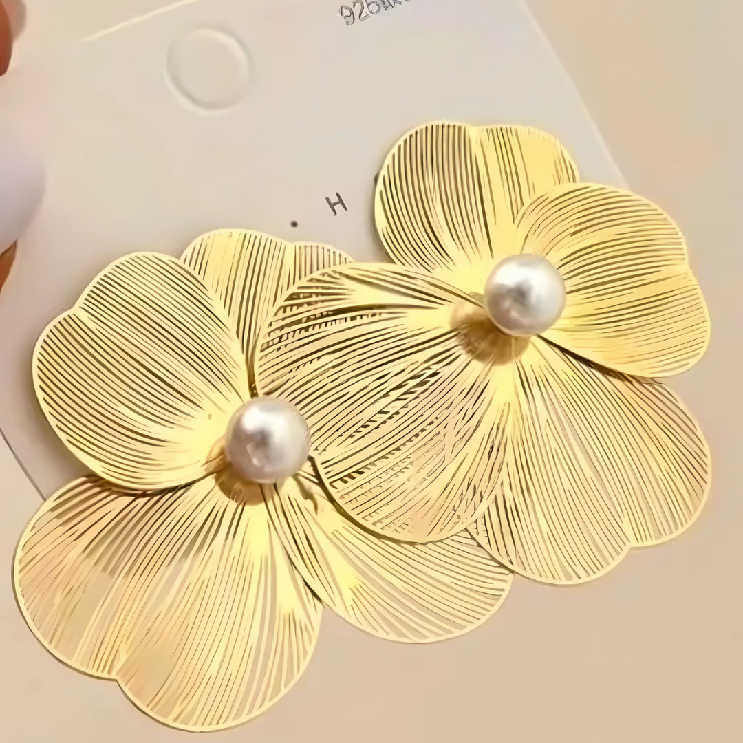 Korean Earrings - Golden flower pearl studded stylish earrings for women