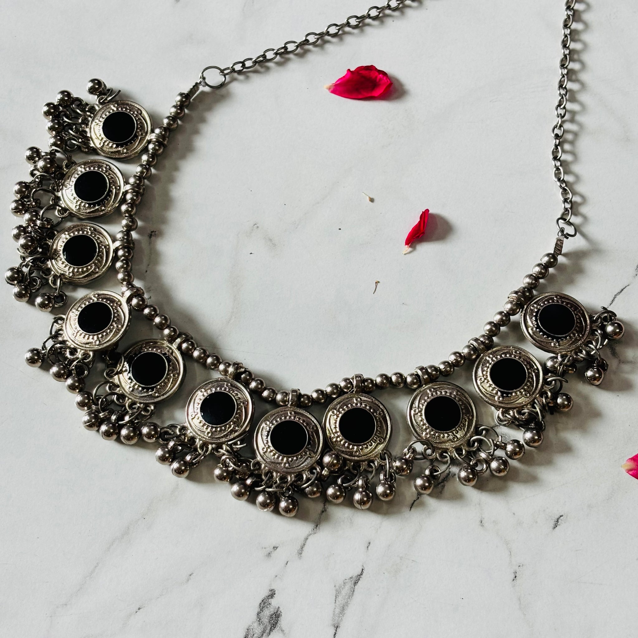 Stylish Oxidised Black Enamel Round Pendant Choker Necklace