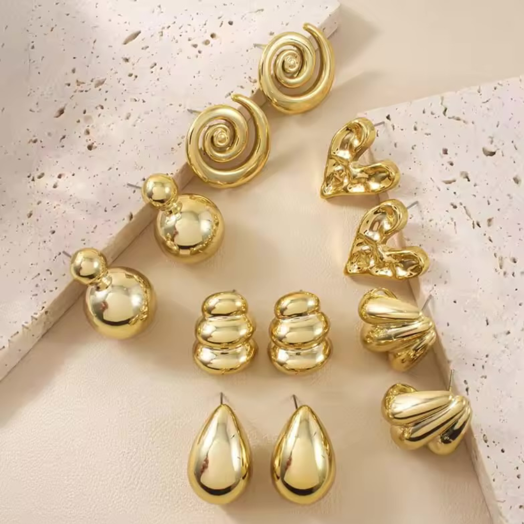 Classic Glossy Gold Statement Earrings Set