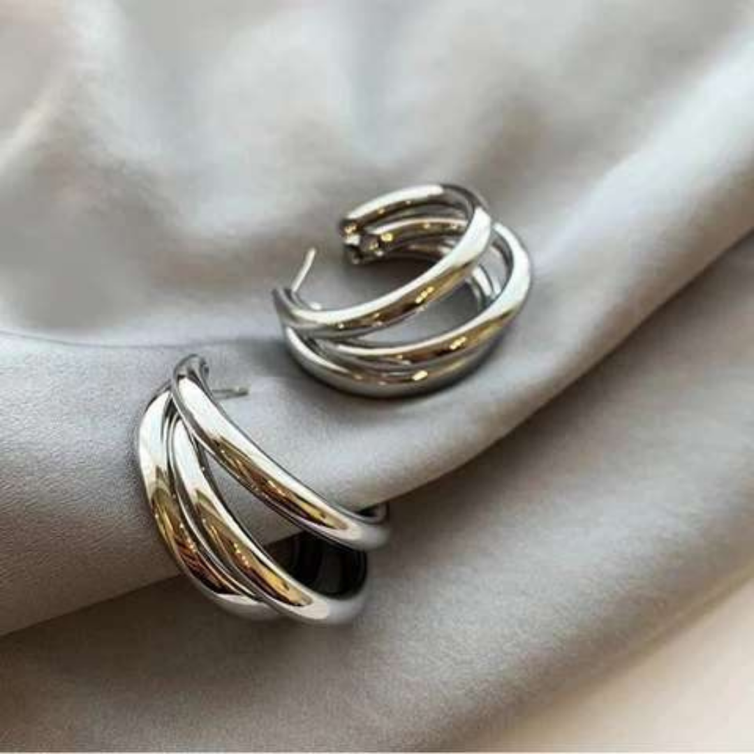 Korean Earrings - Trendy Triple layered Hoops for Women - Silver