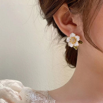 Korean Earrings - White floral blossom studs with leaves for women